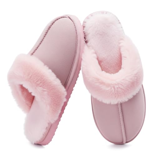 OOW Fuzzy Slippers for Women Cozy Faux Fur House Shoes Winter Warm Memory Foam Slippers for Indoor and Outdoor Pink Size 8 - Image 1