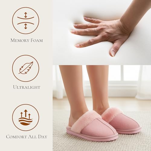 OOW Fuzzy Slippers for Women Cozy Faux Fur House Shoes Winter Warm Memory Foam Slippers for Indoor and Outdoor Pink Size 8 - Image 5