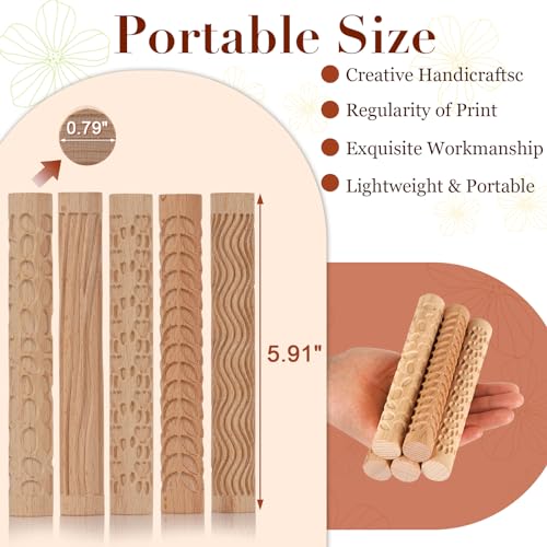 Lzttyee Set of 5 Wooden Handle Pottery Tools Clay Modeling Pattern Rollers Kit Brown (Set of 5) - Image 2
