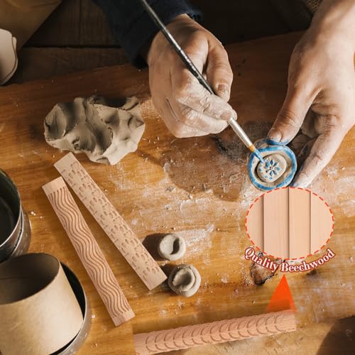 Lzttyee Set of 5 Wooden Handle Pottery Tools Clay Modeling Pattern Rollers Kit Brown (Set of 5) - Image 5