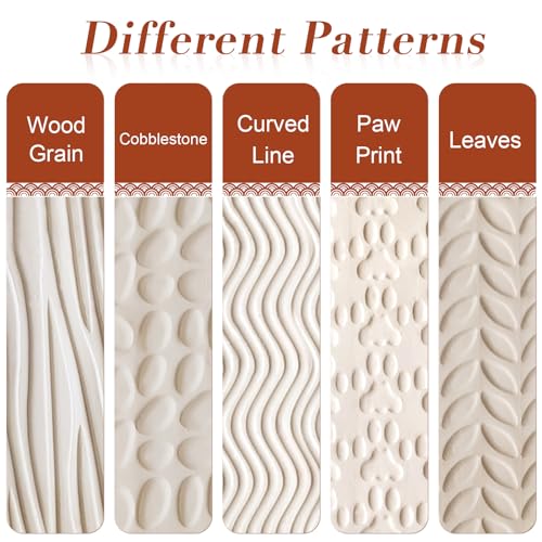 Lzttyee Set of 5 Wooden Handle Pottery Tools Clay Modeling Pattern Rollers Kit Brown (Set of 5) - Image 3