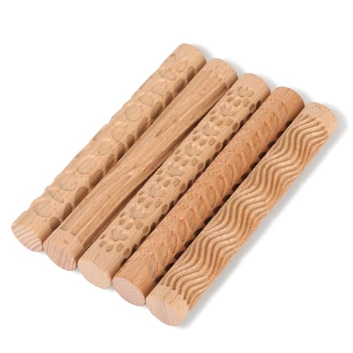 Lzttyee Set of 5 Wooden Handle Pottery Tools Clay Modeling Pattern Rollers Kit Brown (Set of 5) - Image 1