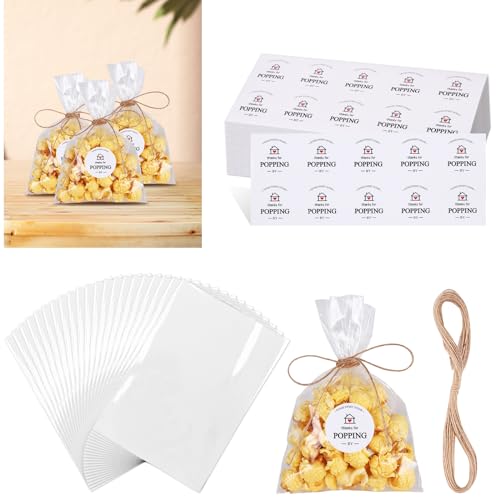 AIOMOB 100 Set Housewarming Sticker Clear Popcorn Favor Bags Thanks for Popping by Popcorn Bags with Jute String Treat Bags for Housewarming Open house Party - Image 1