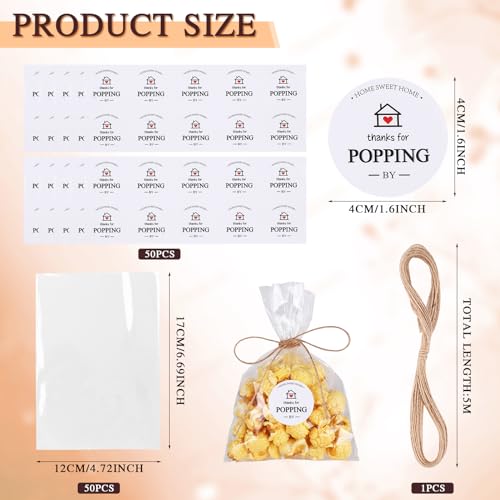 AIOMOB 100 Set Housewarming Sticker Clear Popcorn Favor Bags Thanks for Popping by Popcorn Bags with Jute String Treat Bags for Housewarming Open house Party - Image 2