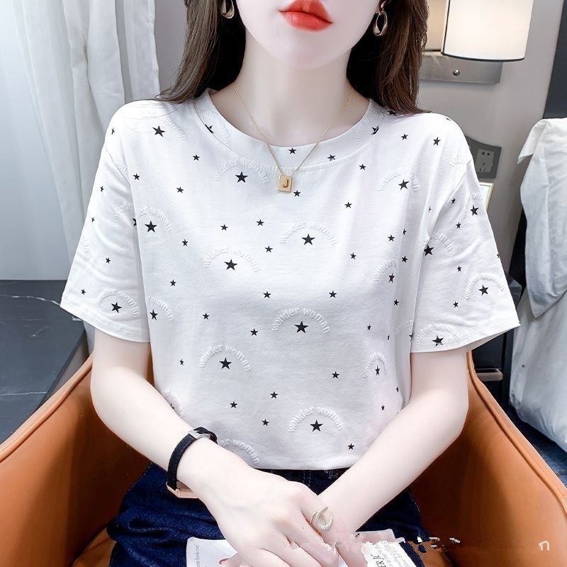 Plus Size Women'S Printed Women'S T-Shirt Short-Sleeved Korean Style 2025 Arrival Foaming Floral Loose All-Match Top - Image 1