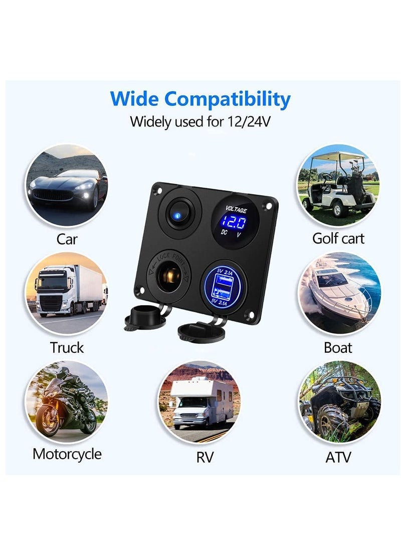 Car Charger Switch Panel, 4-in-1Function Dual USB Charger LED Voltmeter ON/OFF Toggle Switch Cigarette Socket for Car Boat Marine (Type A)