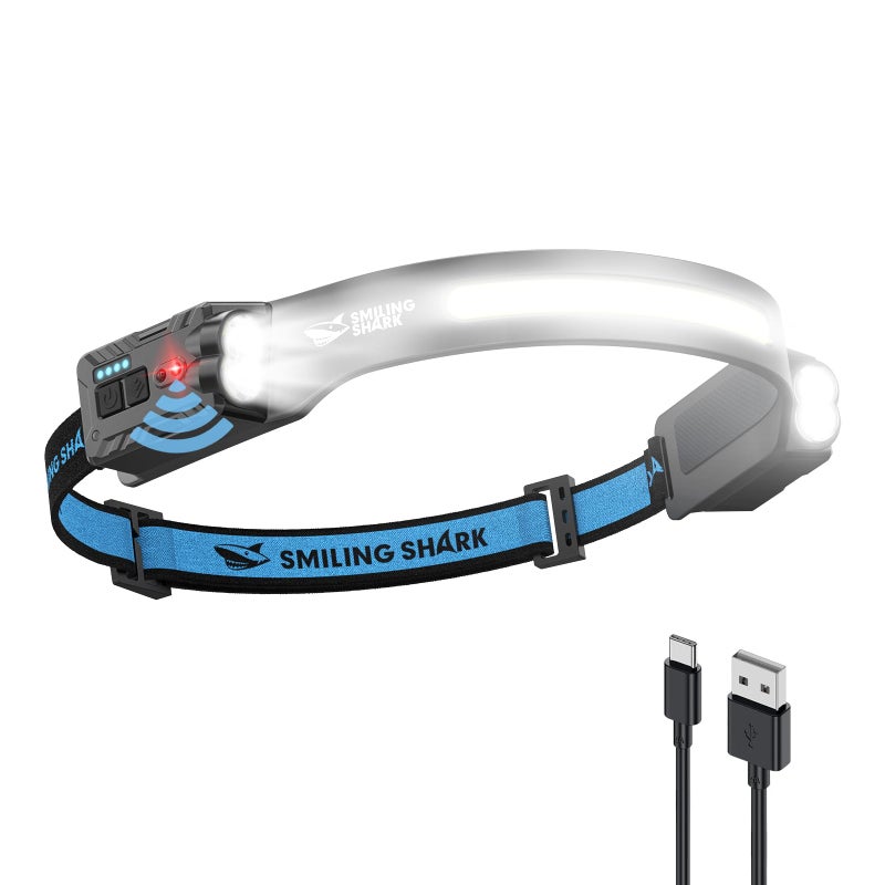 Smiling Shark TD-0123-S Headlamp, 2400mAh Ultra-Bright Head Lamp Flashlight Rechargeable with Hands-Free Motion Sensor, Multi-Mode LED Head Lamp with 270Â°Rotated for Outdoor, Camping, Hiking, Running - Image 1