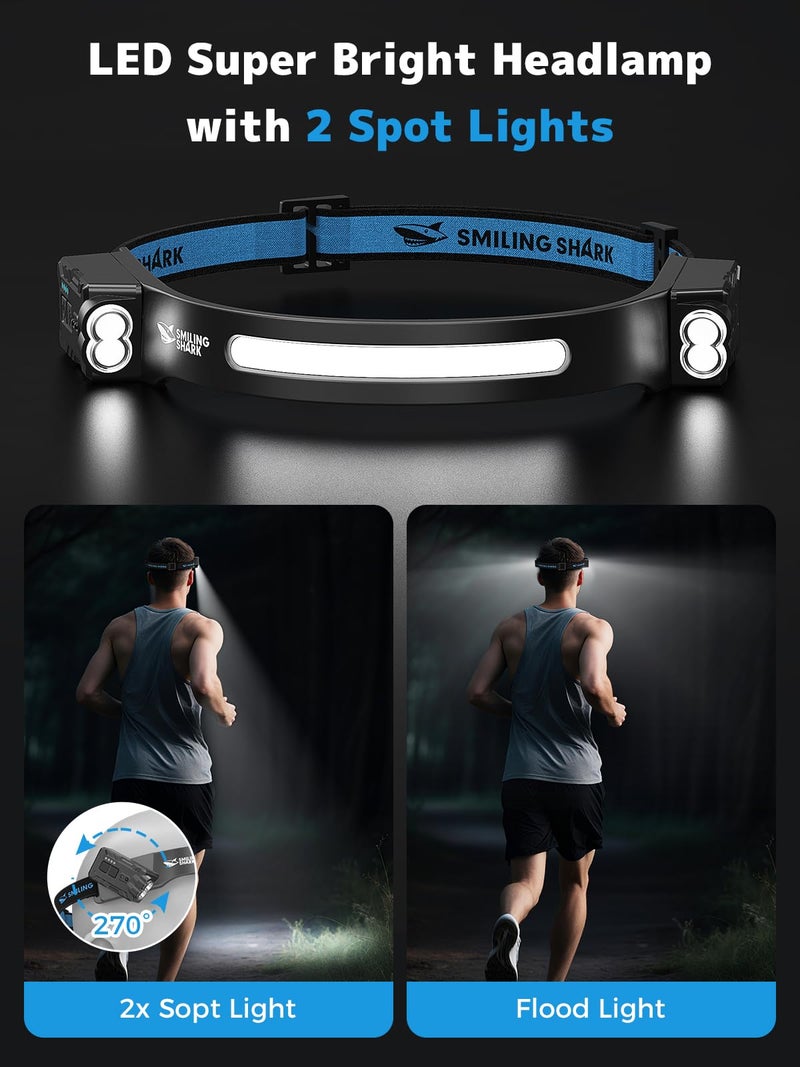 Smiling Shark TD-0123-S Headlamp, 2400mAh Ultra-Bright Head Lamp Flashlight Rechargeable with Hands-Free Motion Sensor, Multi-Mode LED Head Lamp with 270Â°Rotated for Outdoor, Camping, Hiking, Running - Image 2