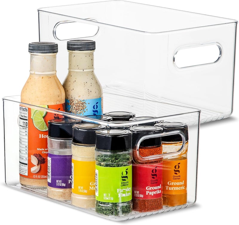 PrimeBox Plastic Food Storage 2 Pack Clear Container Bin with Handles for Organizing Kitchen, Pantry, Refrigerator, Freezer, Pantry, Cabinet, Closet, Bathroom. 10”x6”x5” - Image 1