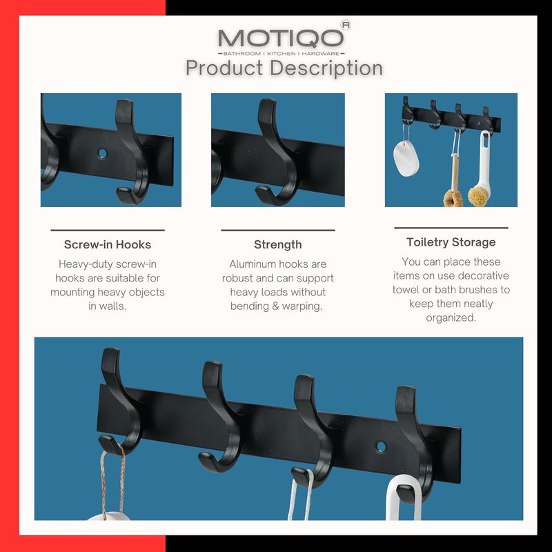 MOTIQO S Shape 4 Pin Bathroom Cloth Hooks Hanger Wall Bedroom Bathroom Robe Hooks Rail for Hanging KeysClothes Black Set2 - Image 4