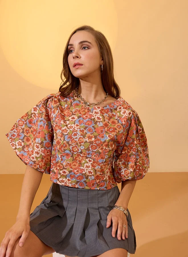 globus Globus Multi Floral Print Puff Sleeves Crop Top