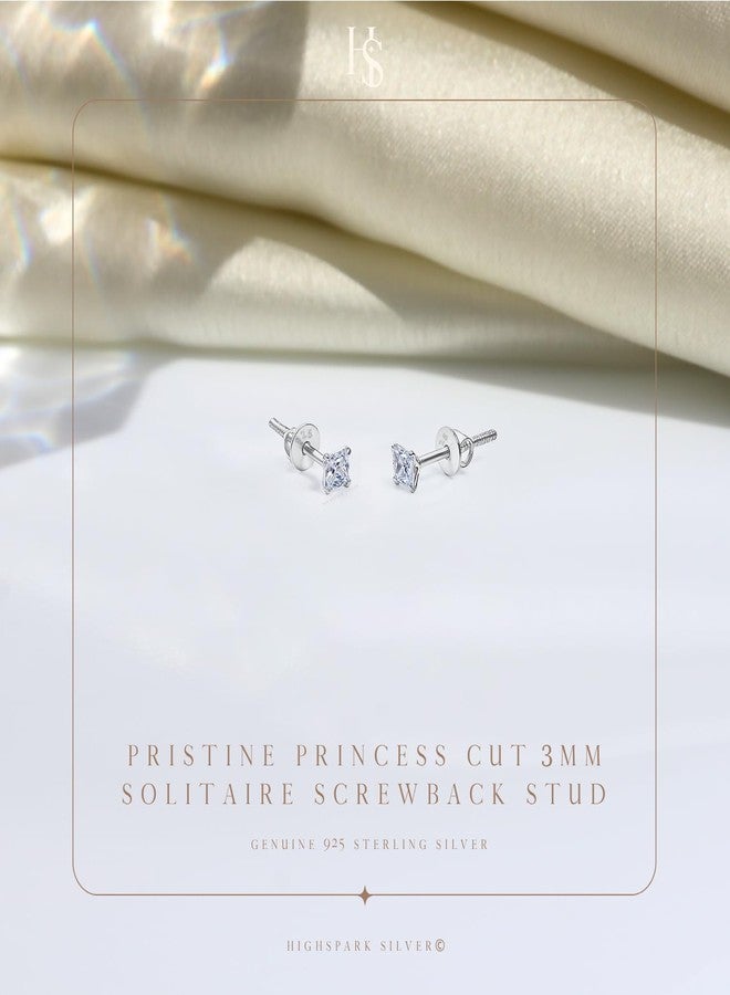 HIGHSPARK 925 Silver Solitaire Screwback Stud Earrings | 92.5 Sterling Silver & Square Princess Cut Brilliant Zirconia Tops for Men & Women - 3mm - Image 3