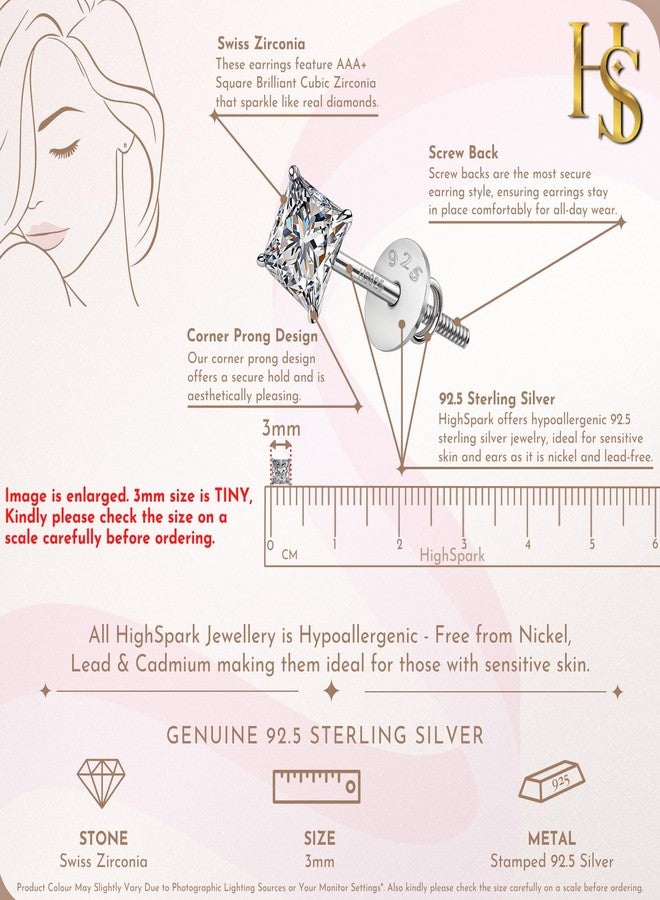 HIGHSPARK 925 Silver Solitaire Screwback Stud Earrings | 92.5 Sterling Silver & Square Princess Cut Brilliant Zirconia Tops for Men & Women - 3mm - Image 2
