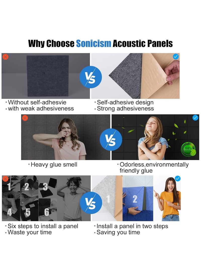 AUTOYSUR 12 Pack Acoustic Wall Panels with Self-Adhesive, 12" X 12" X 0.4" Sound Proof Foam Panels, Decorative Soundproof Wall Panels, Sound Proof Absorbing Tiles for Home & Offices, Black  - Image 3