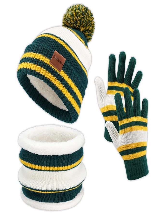 Bessteven Kids Winter Hat Gloves Scarf Set: Girls Boys Beanie Hats Gloves Knit Set with Thick Warm Fleece Lined For Ages 6-10 Children, Yellow & Green, one size - Image 1