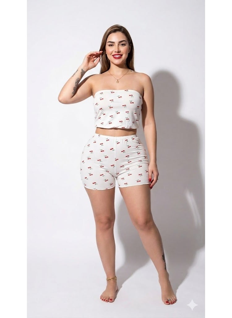 WARD Women's Two-Piece Set, Strapless Bandeau Crop Top with Biker Shorts, White - Image 1