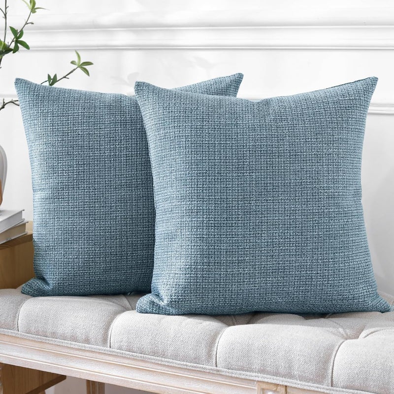 OTOSTAR Pack of 2 Throw Pillow Covers 24x24 Inch Linen Blue Pillowcases Farmhouse Decorative Solid Pillow Covers 60x60 cm Square Cushion Case for Home Decor Sofa Couch Bed (Blue) - Image 3