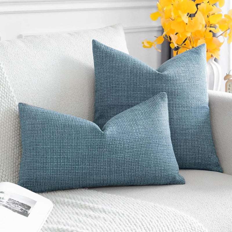 OTOSTAR Pack of 2 Throw Pillow Covers 24x24 Inch Linen Blue Pillowcases Farmhouse Decorative Solid Pillow Covers 60x60 cm Square Cushion Case for Home Decor Sofa Couch Bed (Blue) - Image 4