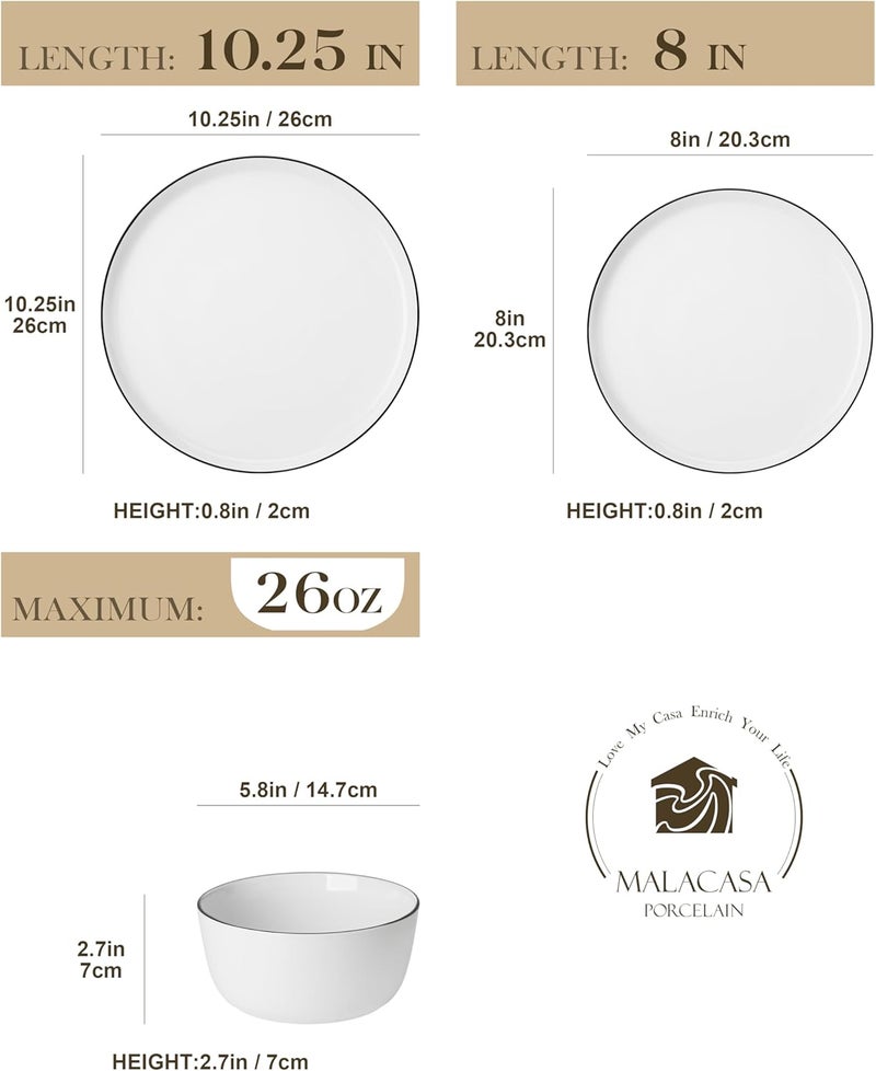 MALACASA Detachable clean 12 Pieces Gourmet Porcelain Dinnerware Sets, Premium Plates and Bowls Set, High-Fired Dishes Set for 4, Chip & Scratch Resistant, Microwave Dishwasher Safe, White & Black Rim, Series LEXI Daily use improved quality - Image 2