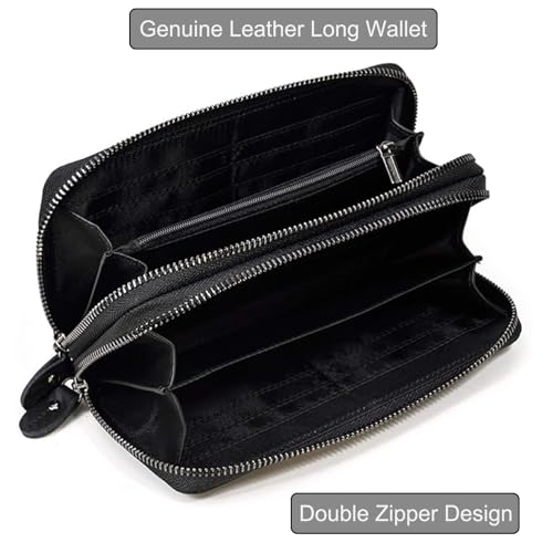 LUUFAN Genuine Leather Wallet Double Zipper Long Wallet Large Capacity Purse Clutch Bag Handbag Pouch Business Cash Cards Phone Holder, Black - Image 2