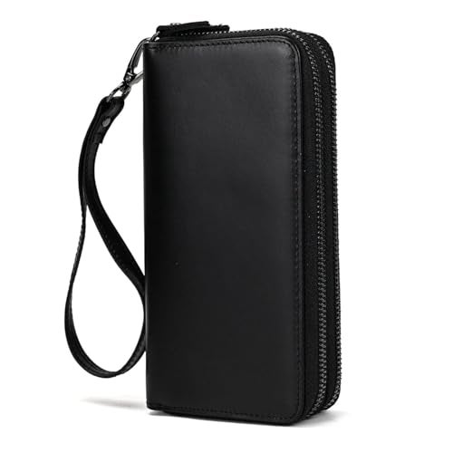LUUFAN Genuine Leather Wallet Double Zipper Long Wallet Large Capacity Purse Clutch Bag Handbag Pouch Business Cash Cards Phone Holder, Black - Image 1