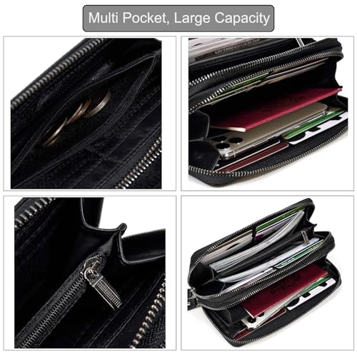 LUUFAN Genuine Leather Wallet Double Zipper Long Wallet Large Capacity Purse Clutch Bag Handbag Pouch Business Cash Cards Phone Holder, Black - Image 4