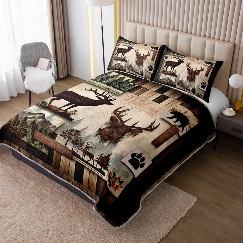 UEVBF King Size Rustic Cabin Quilt Set,Camo Deer Bear Retro Bedding Sets for Hunting Room Decor,Brown Hunting Themed Plaid Patchwork Bedding Quilts with 2 Pillowcases. - Image 2