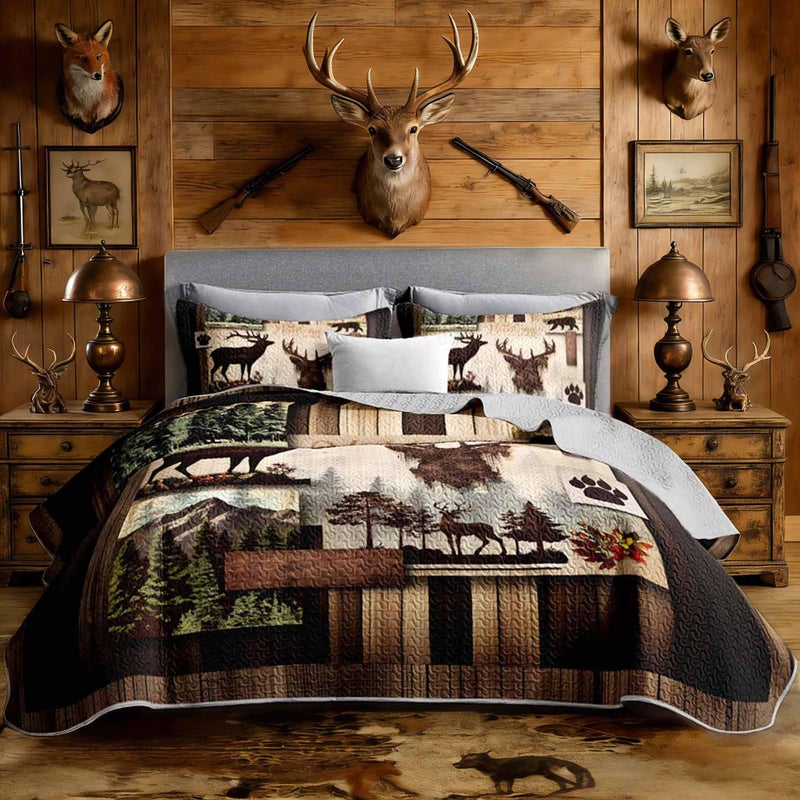 UEVBF King Size Rustic Cabin Quilt Set,Camo Deer Bear Retro Bedding Sets for Hunting Room Decor,Brown Hunting Themed Plaid Patchwork Bedding Quilts with 2 Pillowcases. - Image 1