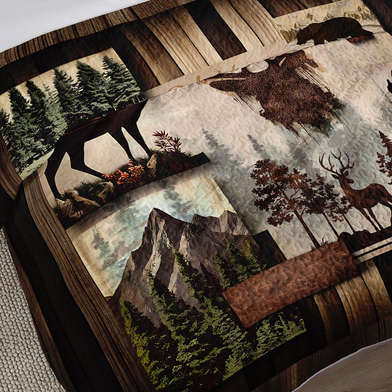 UEVBF King Size Rustic Cabin Quilt Set,Camo Deer Bear Retro Bedding Sets for Hunting Room Decor,Brown Hunting Themed Plaid Patchwork Bedding Quilts with 2 Pillowcases. - Image 4