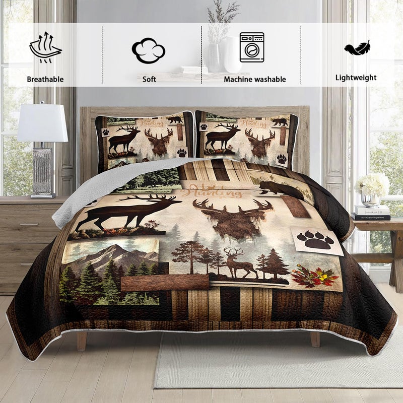 UEVBF King Size Rustic Cabin Quilt Set,Camo Deer Bear Retro Bedding Sets for Hunting Room Decor,Brown Hunting Themed Plaid Patchwork Bedding Quilts with 2 Pillowcases. - Image 3