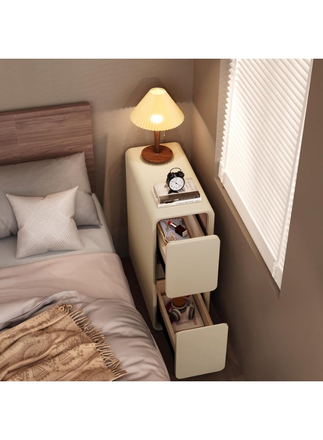 YOUWE7 طاولة جانبية ضيقة YOUWE7 مع أدراج - طاولة جانبية من الخشب الصلب بسطح جلدي، وطاولة جانبية صغيرة بيضاء لغرفة النوم - Image 4