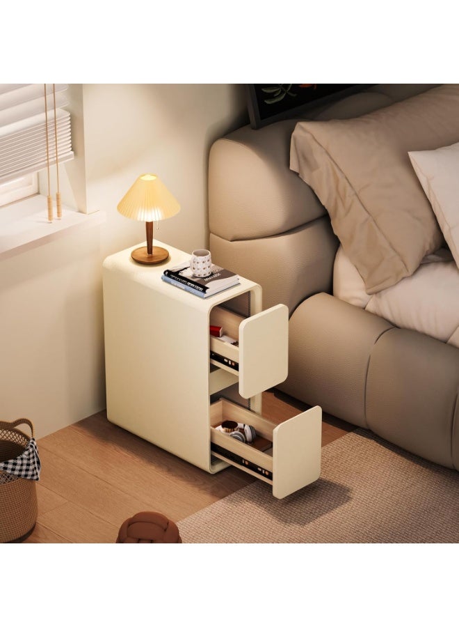 YOUWE7 طاولة جانبية ضيقة YOUWE7 مع أدراج - طاولة جانبية من الخشب الصلب بسطح جلدي، وطاولة جانبية صغيرة بيضاء لغرفة النوم - Image 3