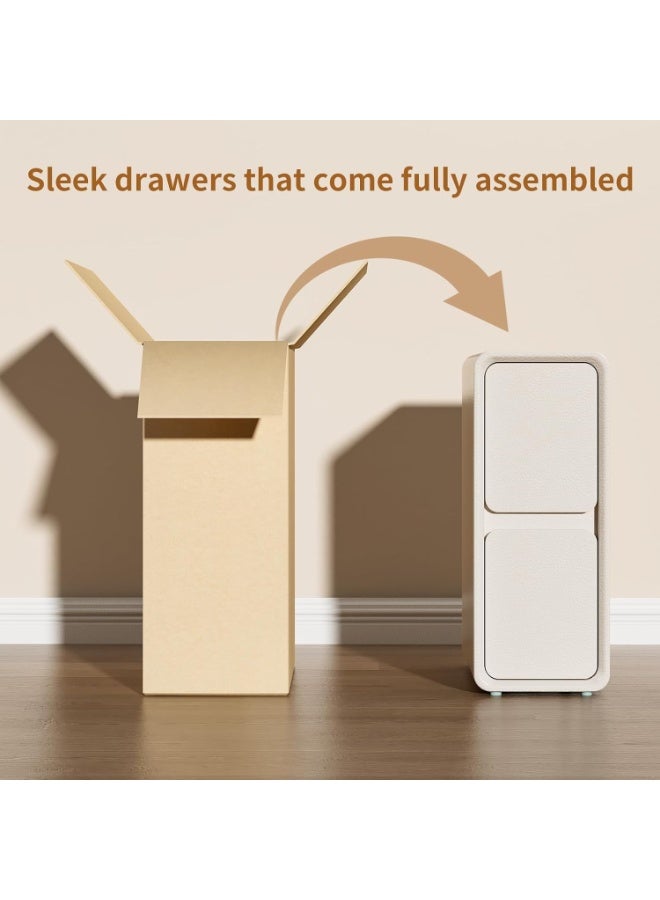 YOUWE7 طاولة جانبية ضيقة YOUWE7 مع أدراج - طاولة جانبية من الخشب الصلب بسطح جلدي، وطاولة جانبية صغيرة بيضاء لغرفة النوم - Image 2