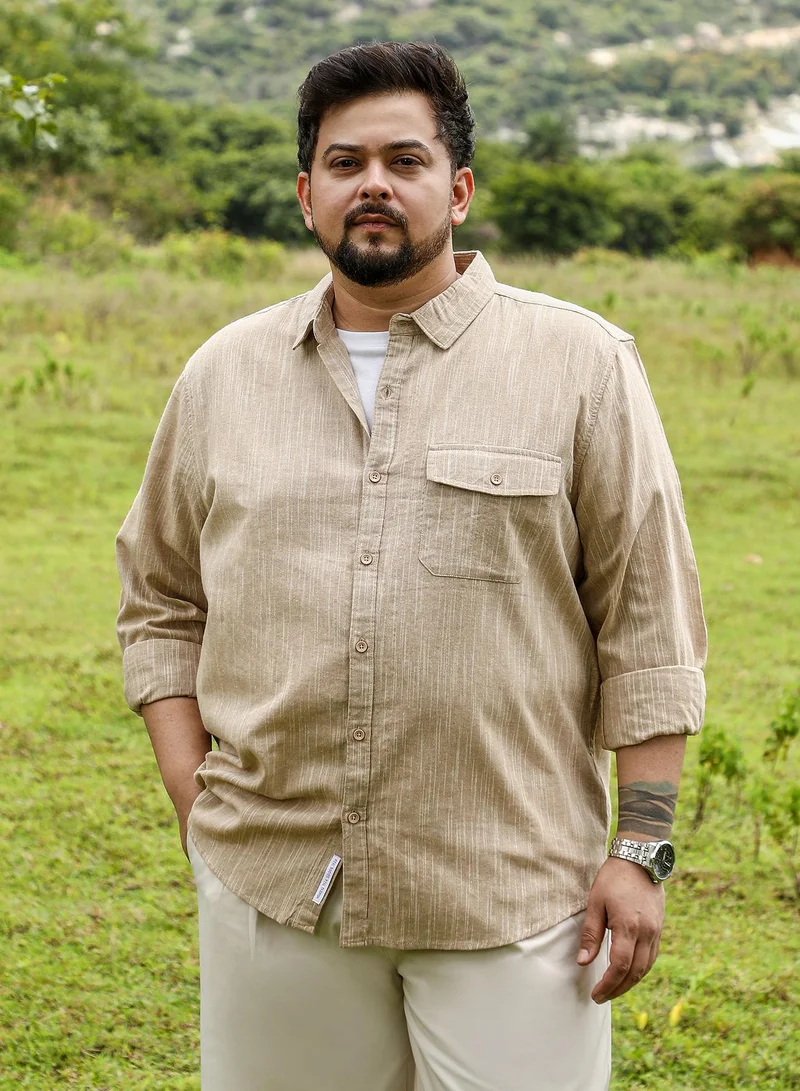 Instafab Plus Instafab Plus Men Thread-Jacquard Shirt | Spread Collar , Long Cuffed Sleeves | Button Closure , Curved Hem | Abstract Jacquard | Woven Fabric For Casual & Daily Wear | Sand Beige