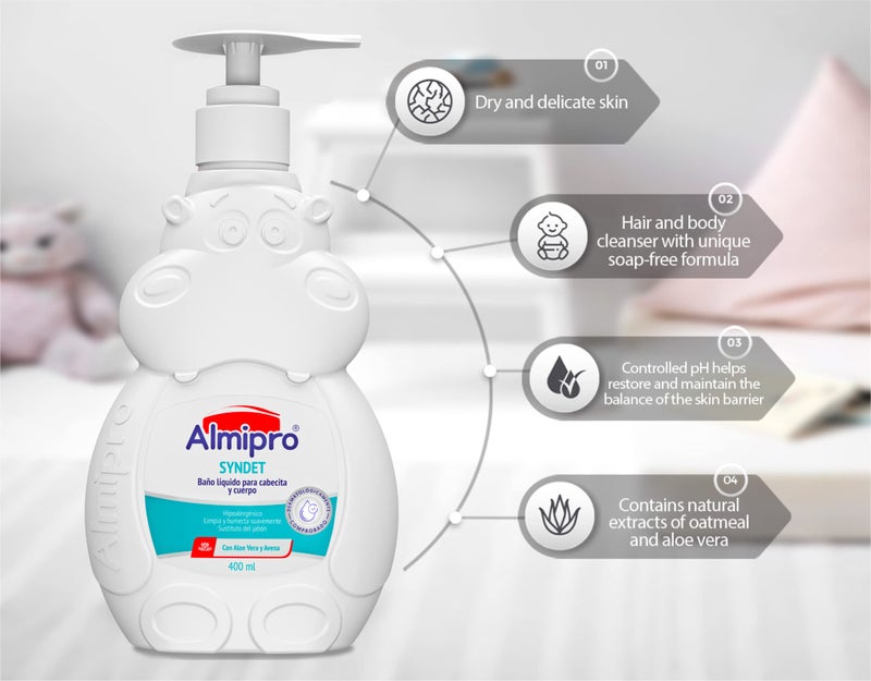 almipro Syndet Baby Hair and Body Wash with Oatmeal and Aloe Vera. 400 gr. - 14 Oz. - Image 2