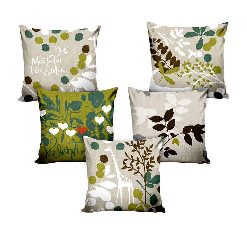Ultimate Trends Premium Polyester Digital Modern Printed Cushion Cover For Living Room Couch Bed Single Sofa Set Of 5 (24 X 24 Inches, Ivory Green), 200 TC - Image 2