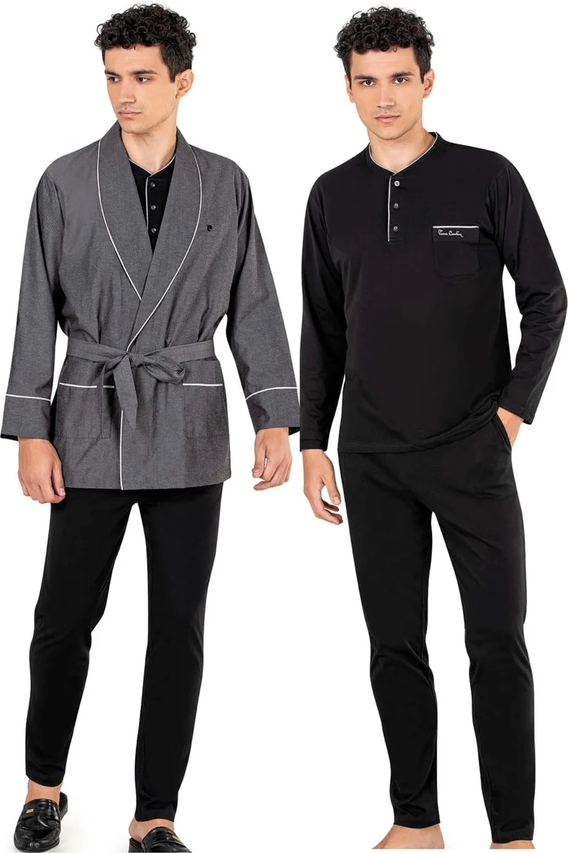 بيير كاردان 100% Cotton Combed Cotton Long Sleeve Pajama Set and Dressing Gown Groom's Dowry Set