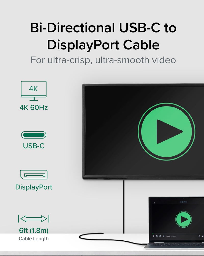 Plugable USB C to DisplayPort Bi Directional Cable 6 feet (1.8m), Up to 4K at 60Hz, USB C DisplayPort Cable - Compatible with Thunderbolt and USB-C - Driverless - Image 2