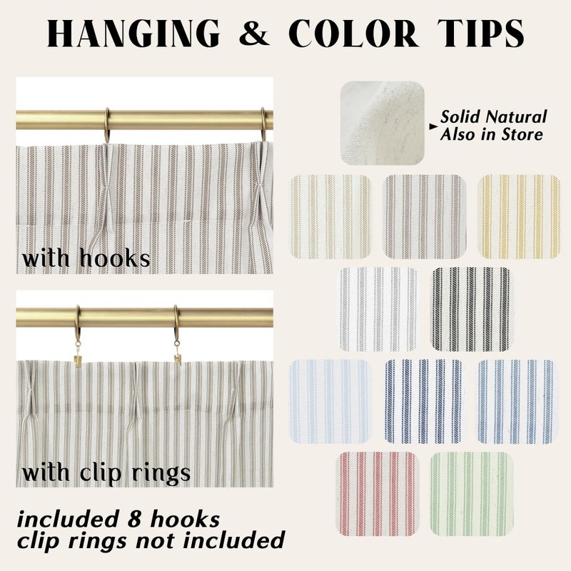 Lino Rosa Small Window Curtains for Kitchen,Pinch Pleated Cafe Curtain 24 Inch Length,Linen Farmhouse Sheer Taupe Pinstripe Ticking Stripe Striped Curtains to Cover Cabinet Shelves,24x24 in Long - Image 2