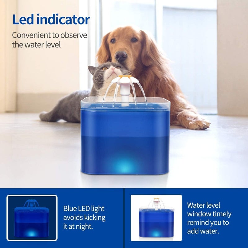 Parner Cat Drinking Fountain, Water Dispenser for Cats with Water Level Window, Cat Flower Art Water Bowl with 4 Pieces, Hygiene Filter, Pet Drinking Fountain with LED Light (Blue, 2 litres) - Image 3