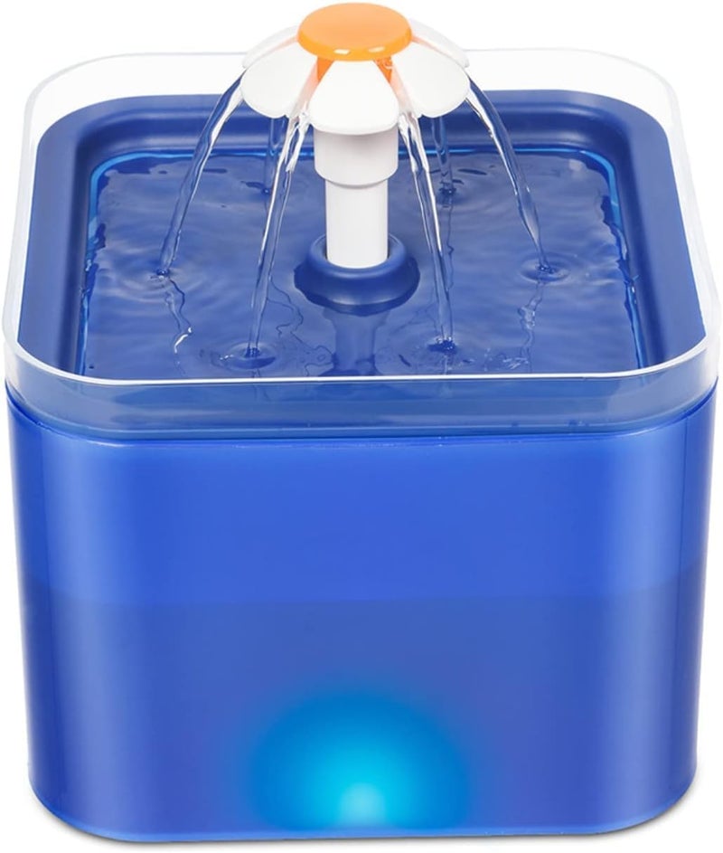 Parner Cat Drinking Fountain, Water Dispenser for Cats with Water Level Window, Cat Flower Art Water Bowl with 4 Pieces, Hygiene Filter, Pet Drinking Fountain with LED Light (Blue, 2 litres) - Image 1