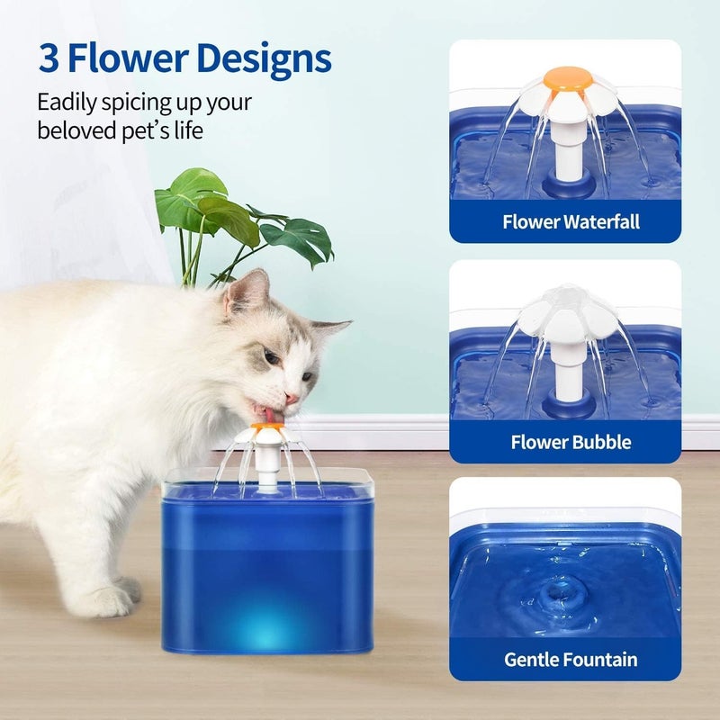 Parner Cat Drinking Fountain, Water Dispenser for Cats with Water Level Window, Cat Flower Art Water Bowl with 4 Pieces, Hygiene Filter, Pet Drinking Fountain with LED Light (Blue, 2 litres) - Image 2