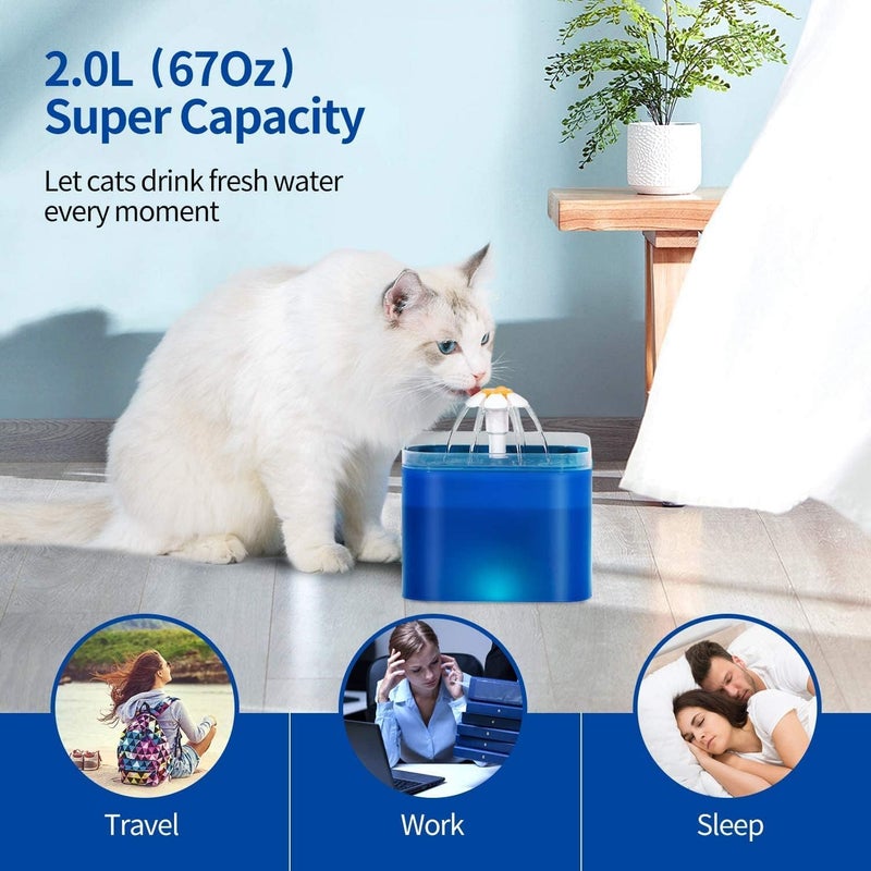 Parner Cat Drinking Fountain, Water Dispenser for Cats with Water Level Window, Cat Flower Art Water Bowl with 4 Pieces, Hygiene Filter, Pet Drinking Fountain with LED Light (Blue, 2 litres) - Image 5