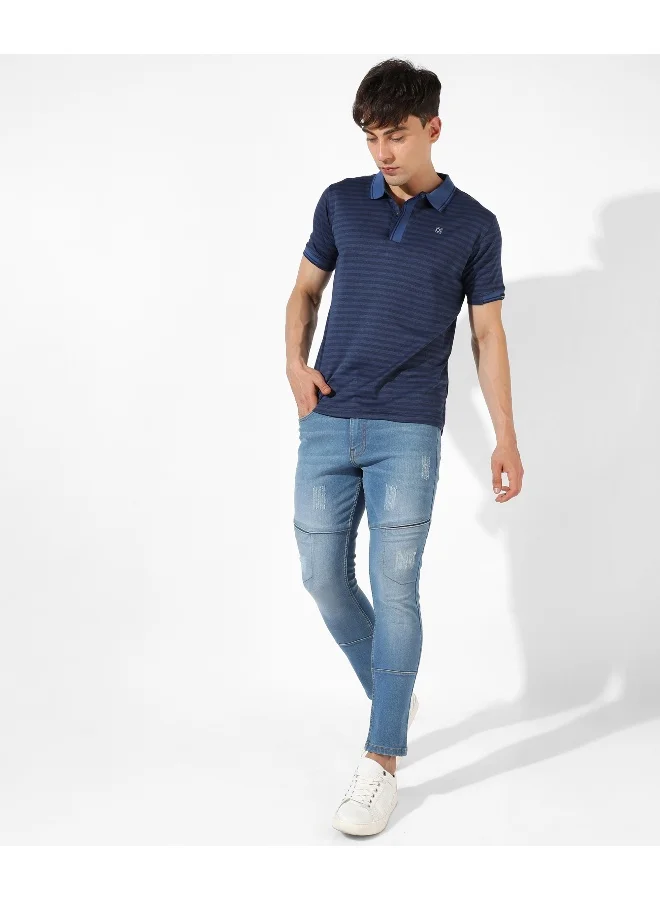 Campus Sutra Men's Blue Striped Regular Fit Casual T-Shirt