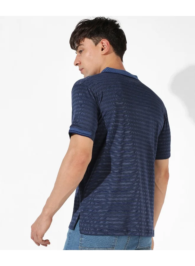 Campus Sutra Men's Blue Striped Regular Fit Casual T-Shirt
