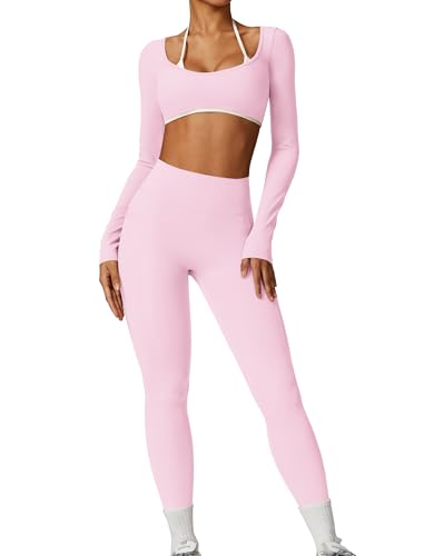 ABOCIW Workout Sets for Women Long Sleeve Crop Top Halter Open Back Yoga Shirts Scrunch Butt High Waist Leggings with Pockets 2 Piece Gym Sets Pilates Outfits Light Pink XSmall