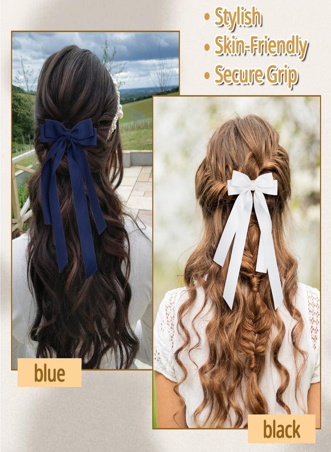 MIKONIKO Bow Hair Clips 2PCS Set for Women and Girls - Black White Ribbon Bows for Hair, with Long Tail, Alligator Clip (White & Navy Blue) - Image 5