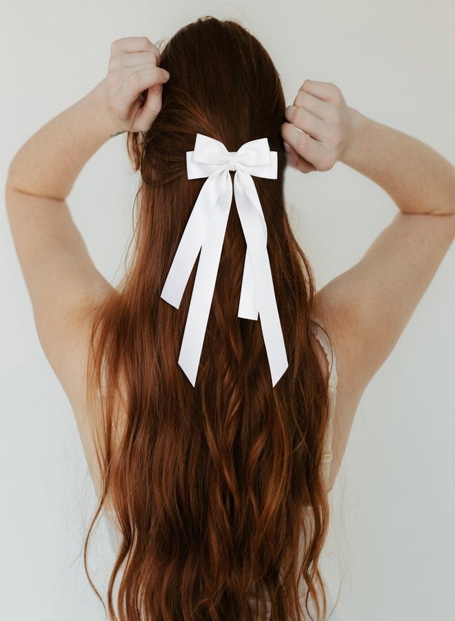 MIKONIKO Bow Hair Clips 2PCS Set for Women and Girls - Black White Ribbon Bows for Hair, with Long Tail, Alligator Clip (White & Navy Blue) - Image 2