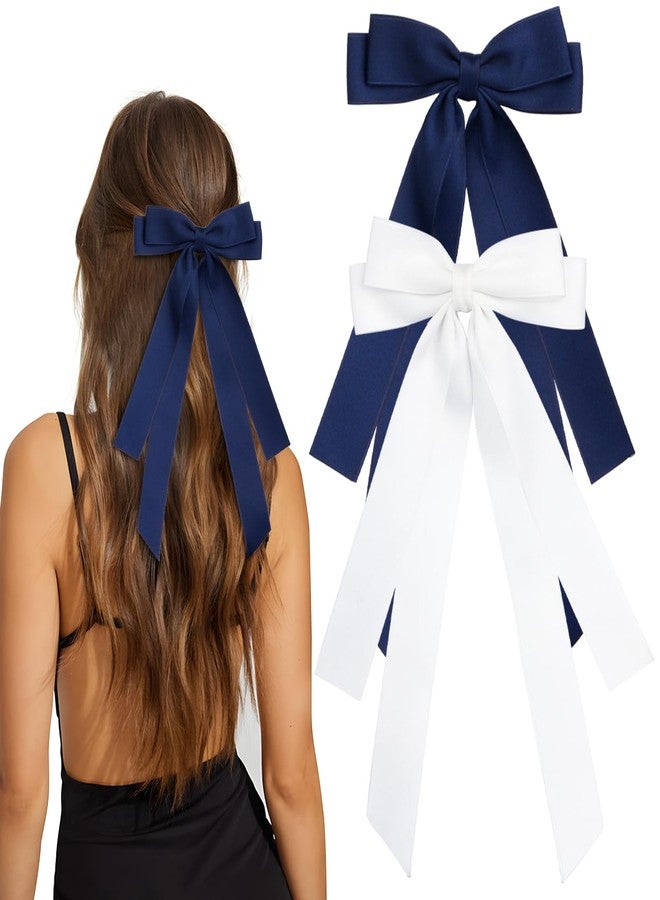 MIKONIKO Bow Hair Clips 2PCS Set for Women and Girls - Black White Ribbon Bows for Hair, with Long Tail, Alligator Clip (White & Navy Blue) - Image 1