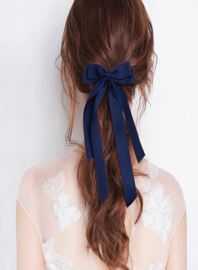 MIKONIKO Bow Hair Clips 2PCS Set for Women and Girls - Black White Ribbon Bows for Hair, with Long Tail, Alligator Clip (White & Navy Blue) - Image 3